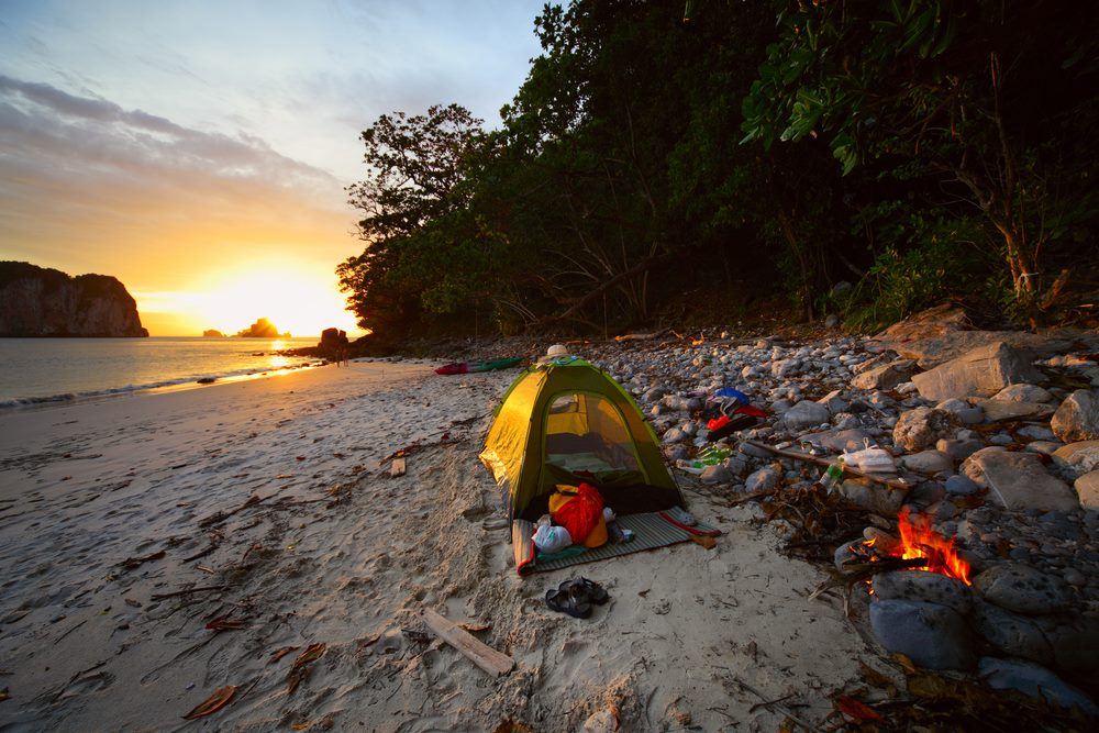 Green tent on sandy wild beach at sunset light