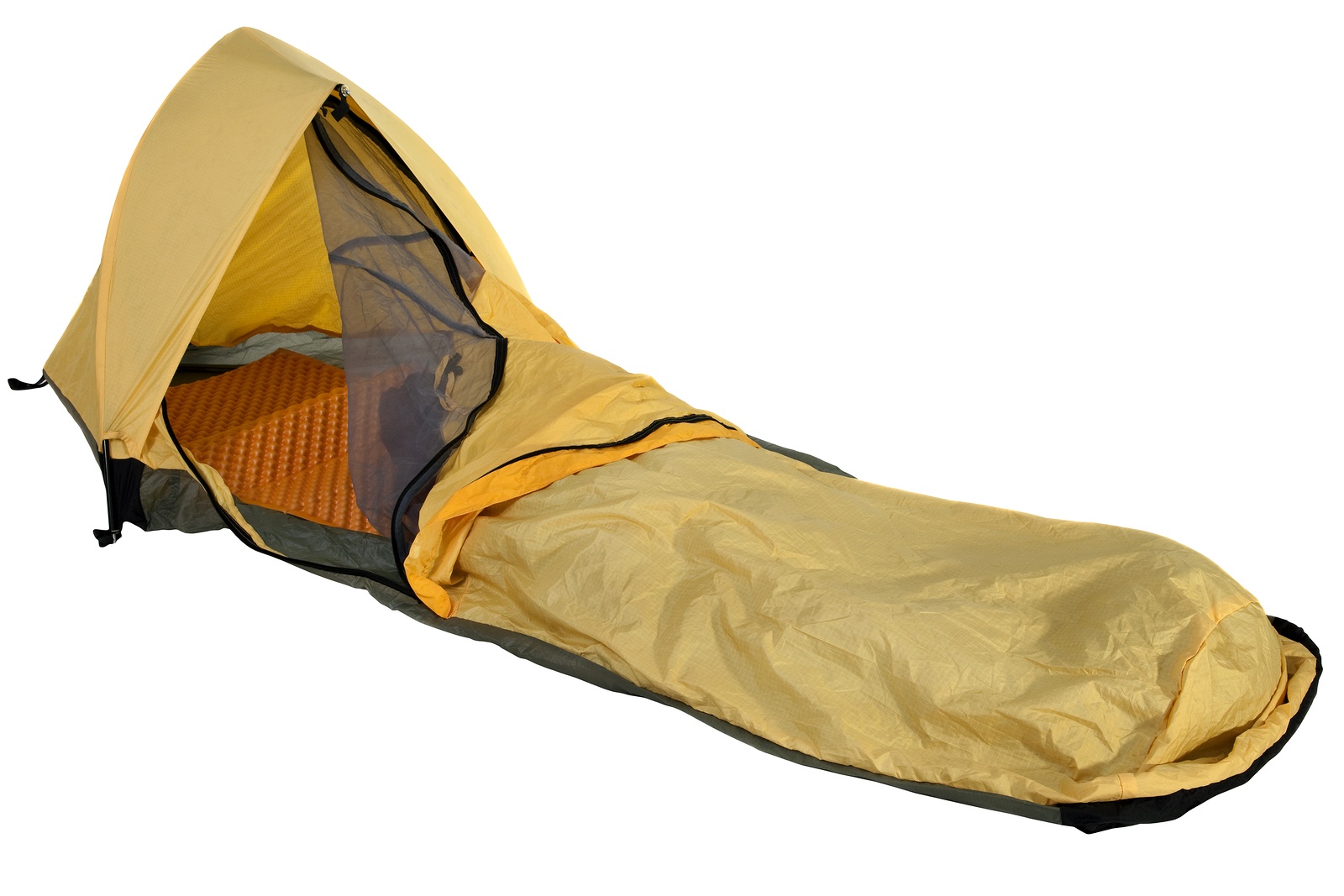 yellow bivy sack for minimalist solo expedition camping open entry with mosquito net foam sleeping pad inside isolated on white with clipping path