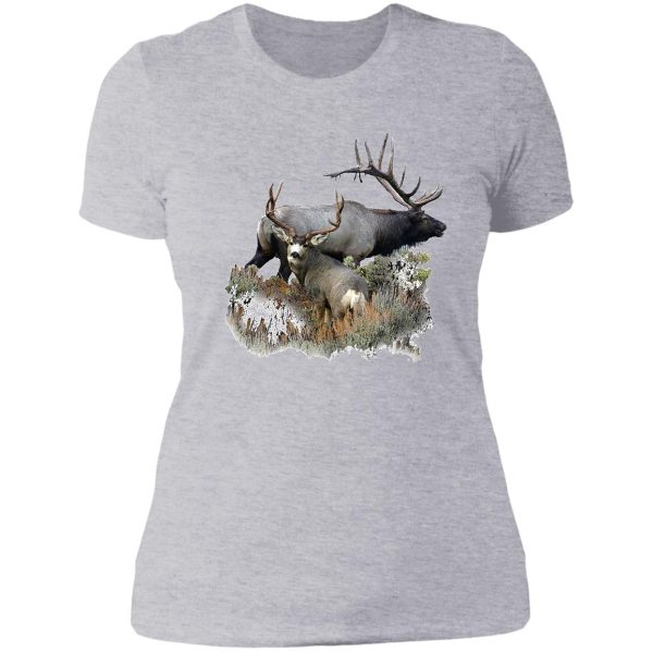 bull elk and mule deer buck lady t-shirt
