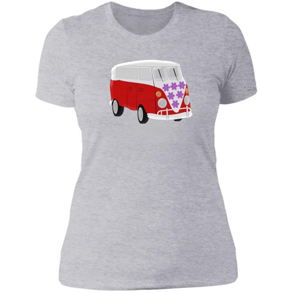 red and white camper van lady t-shirt