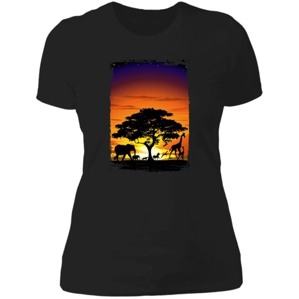 wild animals on african savanna sunset lady t-shirt