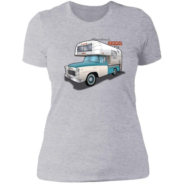 1960 avion camper and international truck lady t-shirt
