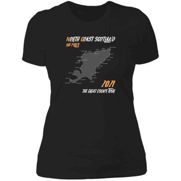 2021 the great escape tour north coast nc516 t-shirt route map scotland 516 miles lady t-shirt