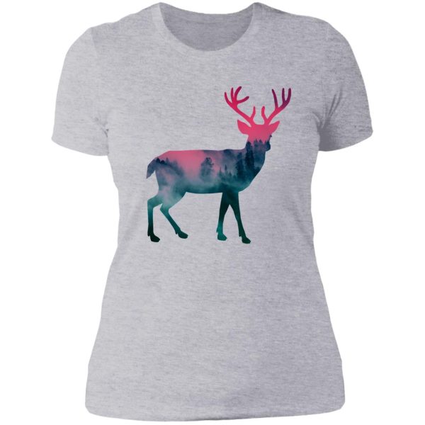a giant deer in a misty forest at sunset lady t-shirt