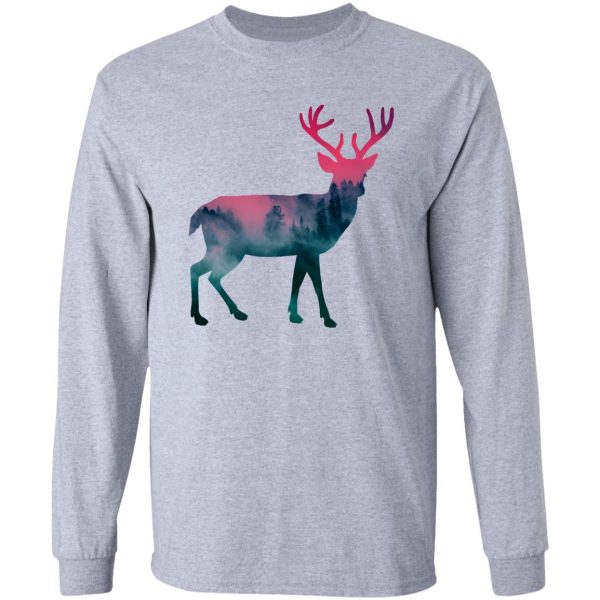 a giant deer in a misty forest at sunset long sleeve