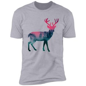 a giant deer in a misty forest at sunset shirt