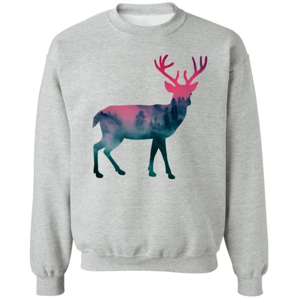 a giant deer in a misty forest at sunset sweatshirt