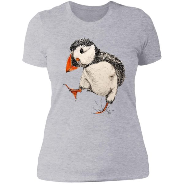 abstract pen and watercolor puffin lady t-shirt