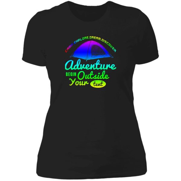 adventure begin outside your tent lady t-shirt