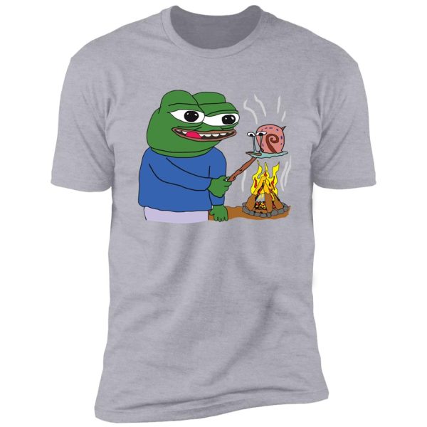 apu apustaja roasting gary the snail spongebob on a campfire pepe the frog pepethefrog the helper hd high quality online store shirt