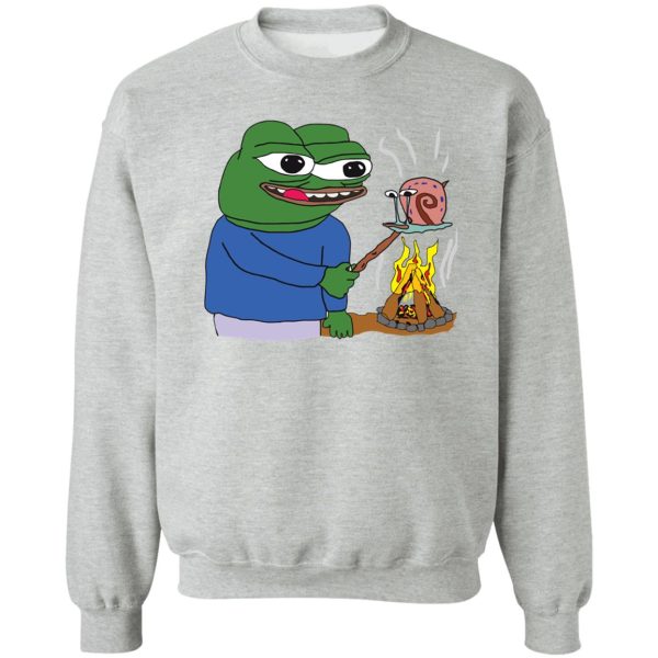 apu apustaja roasting gary the snail spongebob on a campfire pepe the frog pepethefrog the helper hd high quality online store sweatshirt