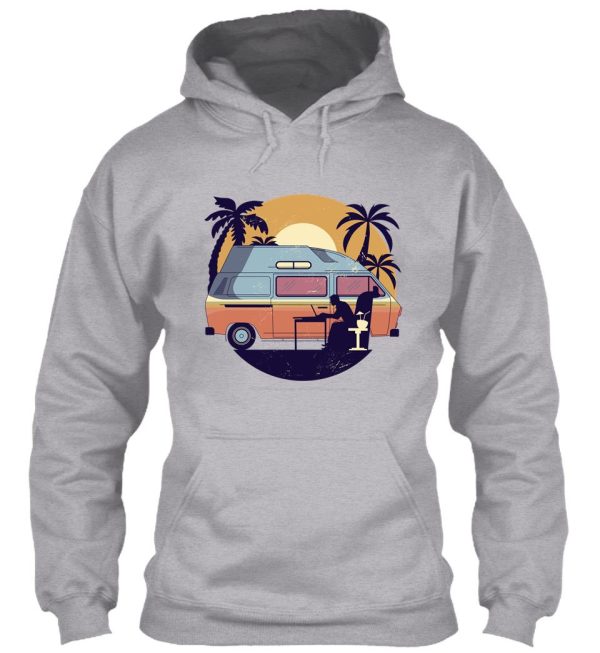 beautiful camper with palm trees and sunset hoodie