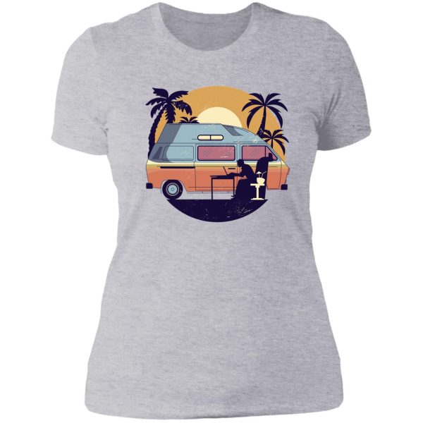 beautiful camper with palm trees and sunset lady t-shirt