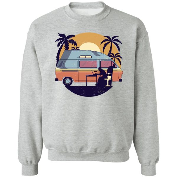 beautiful camper with palm trees and sunset sweatshirt