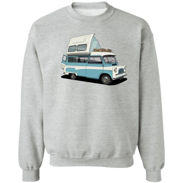 bedford camper van in blue sweatshirt
