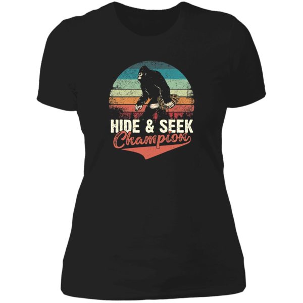 bigfoot with morel mushroom funny hide and seek champion in vintage colors lady t-shirt