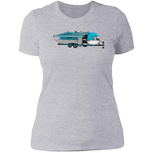 blue and white airstream lady t-shirt