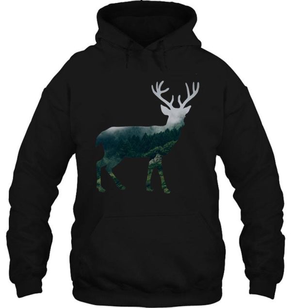buck deer with misty evergreen forest woods silhouette - spirit of the wild . hoodie