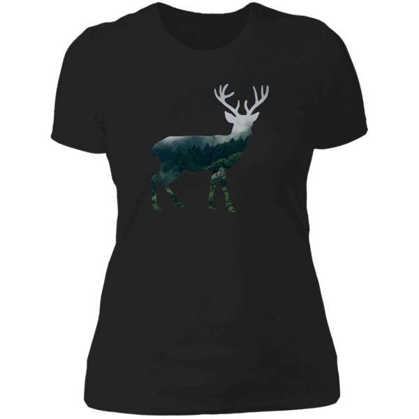 buck deer with misty evergreen forest woods silhouette - spirit of the wild . lady t-shirt