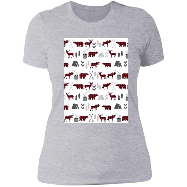 buffalo plaid woodland moose deer bear forest woodland trees camping lady t-shirt