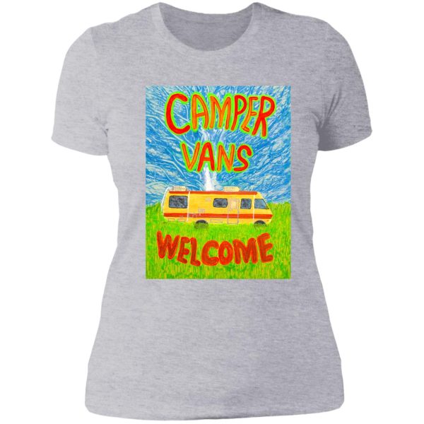 camper vans welcome green and orange letters painting lady t-shirt