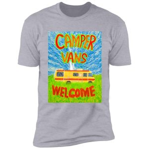 camper vans welcome, green and orange letters, painting shirt