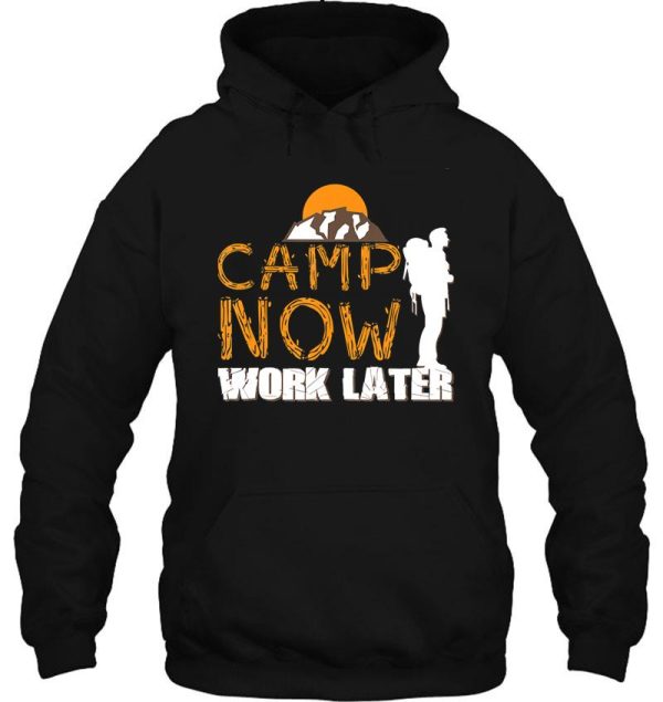 camping camp now work later campfire adventure outdoor camper funny mountain hoodie