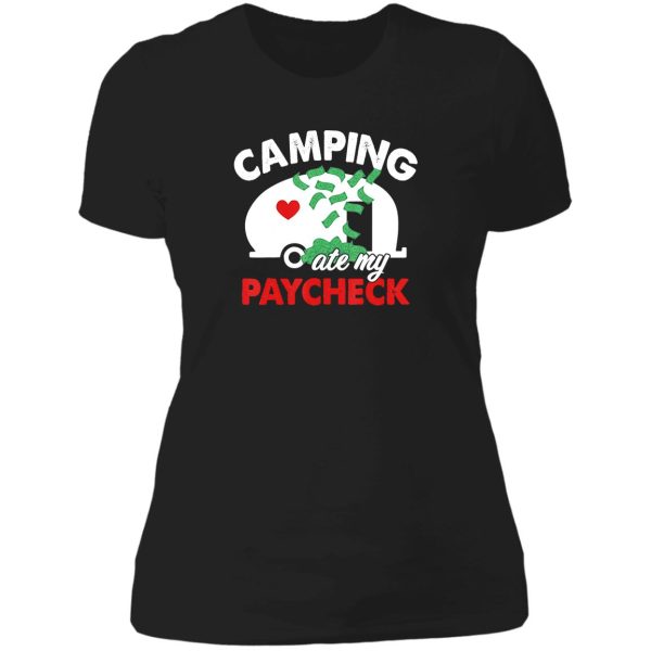 camping camping ate my paycheck campfire adventure outdoor camper funny mountain lady t-shirt