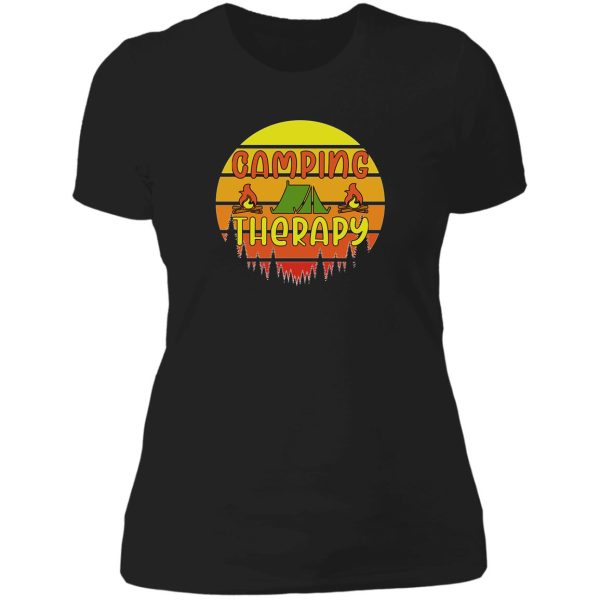 camping therapy sunset retro lady t-shirt