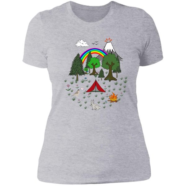 cartoon camping scene lady t-shirt