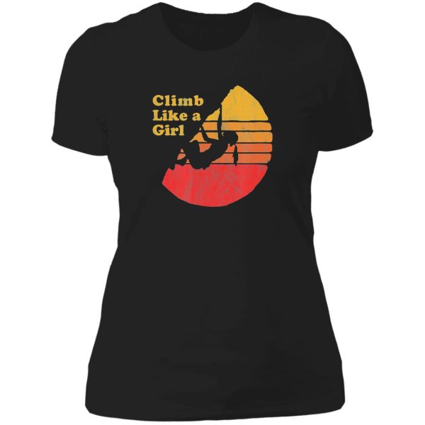 climb like a girl distressed retro rock climbing 08s lady t-shirt