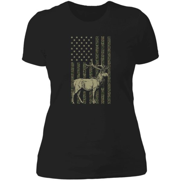 deer hunting american camouflage usa flag whitetail buck lady t-shirt