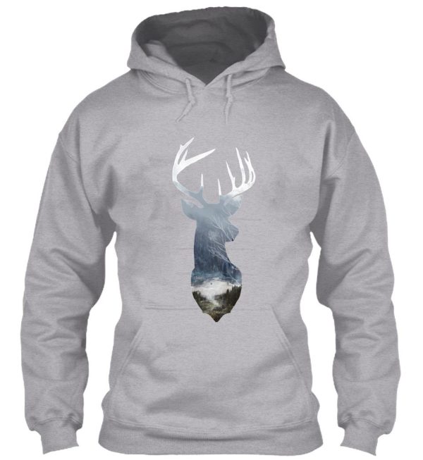 deer silhouette in misty forest wild river scene hoodie
