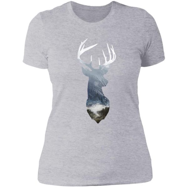 deer silhouette in misty forest wild river scene lady t-shirt