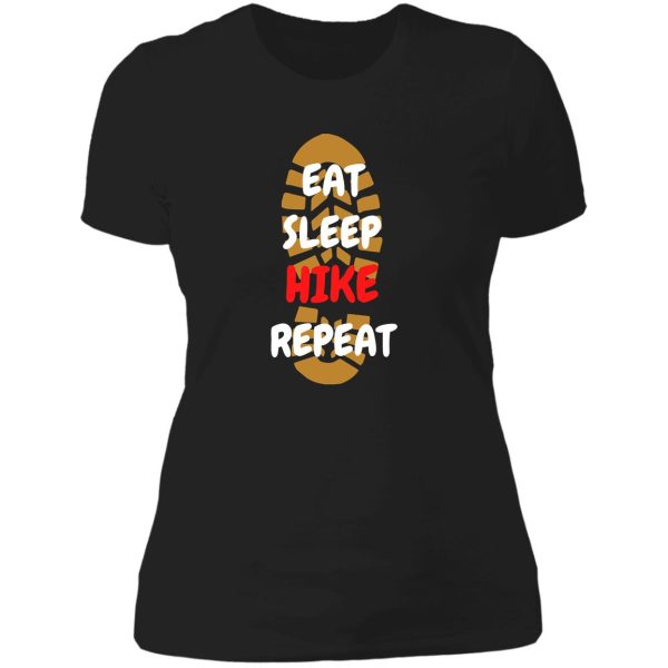 eat sleep hike repeat footprint in black lady t-shirt