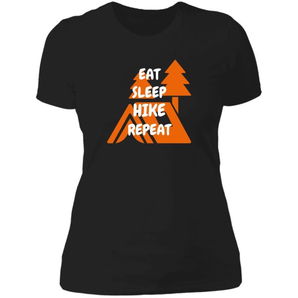 eat sleep hike repeat mountain hut in black lady t-shirt