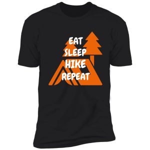 eat sleep hike repeat mountain hut in black shirt