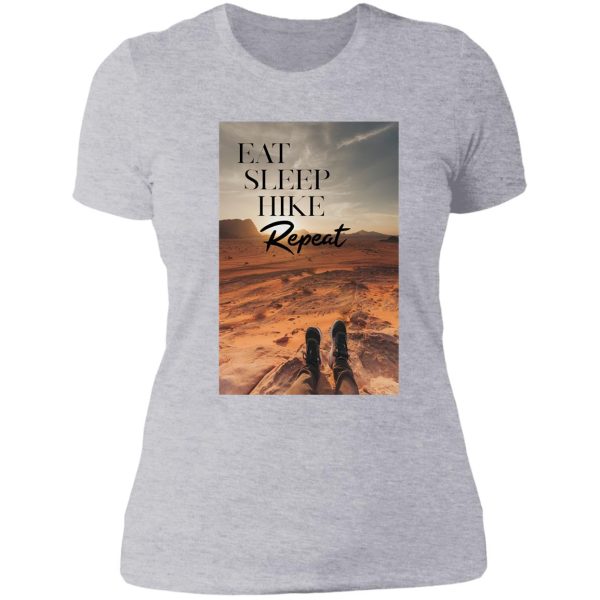 eat sleep hike repeat photograph with quote lady t-shirt