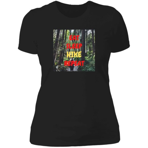 eat sleep hike repeat woods in black lady t-shirt