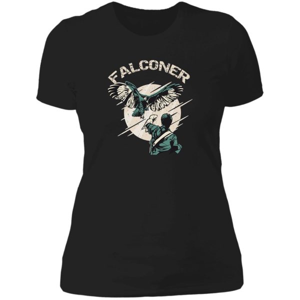 falconry bird landing on falconer arm lady t-shirt
