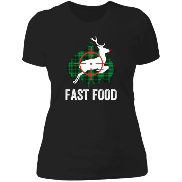 funny deer hunting fast food rudolph reindeer pun vintage retro hunter meat eater lady t-shirt