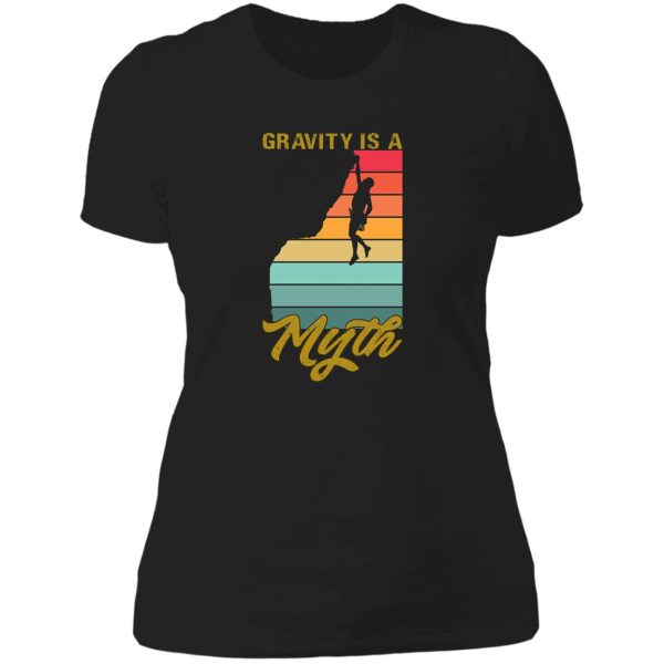 gravity is a myth rock climbing retro sunset design lady t-shirt