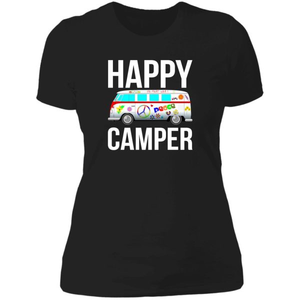 happy camper camping van peace sign hippies 1970s campers lady t-shirt