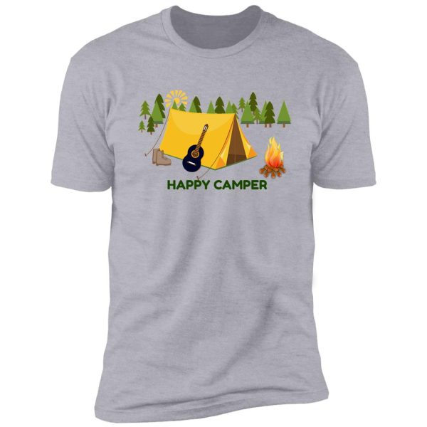 happy camper in tents with guitar shirt