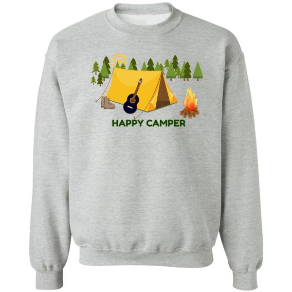 happy camper in tents with guitar sweatshirt