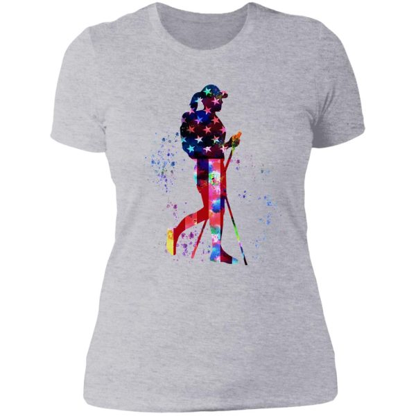 hiking - american flag art lady t-shirt