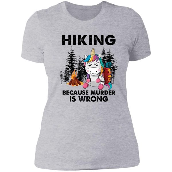 hiking because murder is wrong unicorn lady t-shirt