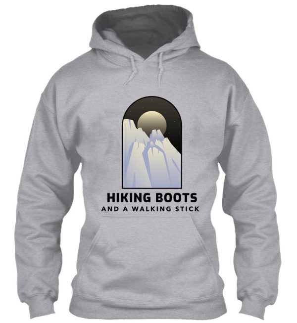 hiking boots and a walking stick hoodie