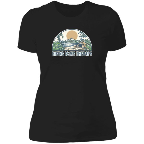 hiking is my therapy - sunrise and tent lady t-shirt