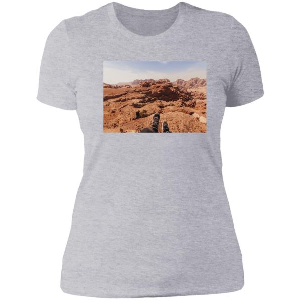 hiking up the mountains at petra jordan lady t-shirt